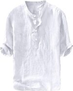 Mens Linen Shirts Casual Cotton 3/4 Sleeve Regular-Fit Henley T-Shirt Summer Lightweight Beach Yoga Tops