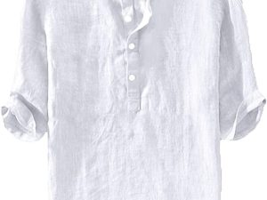 Mens Linen Shirts Casual Cotton 3/4 Sleeve Regular-Fit Henley T-Shirt Summer Lightweight Beach Yoga Tops