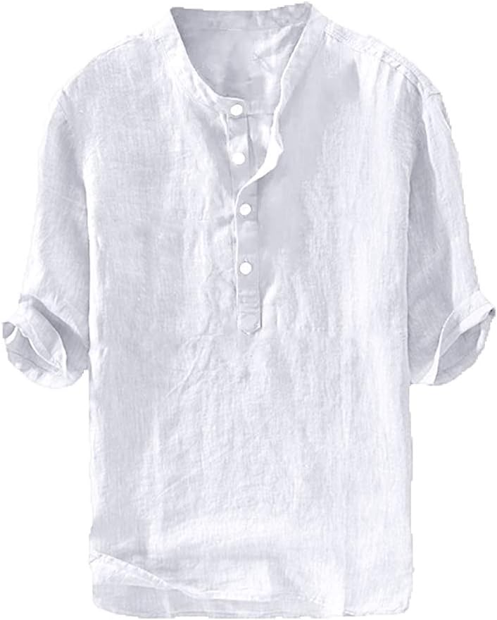 Mens Linen Shirts Casual Cotton 3/4 Sleeve Regular-Fit Henley T-Shirt Summer Lightweight Beach Yoga Tops