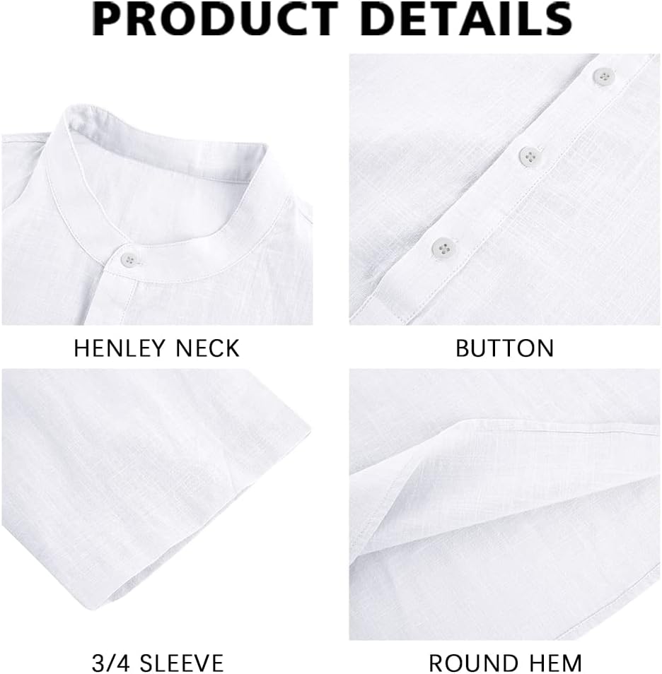 Mens Linen Shirts Casual Cotton 3/4 Sleeve Regular-Fit Henley T-Shirt Summer Lightweight Beach Yoga Tops - Image 2