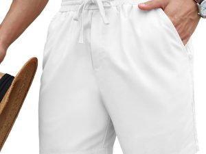 Mens 5 Inch Linen Shorts - Casual Elastic Waist Drawstring Summer Beach Shorts with Pocket