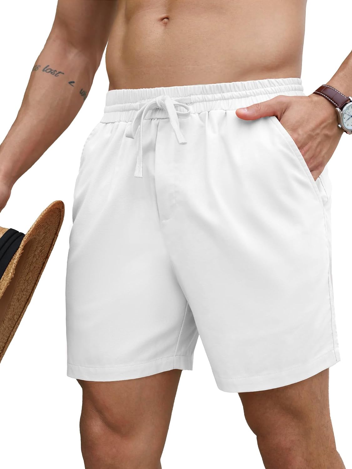 Mens 5 Inch Linen Shorts - Casual Elastic Waist Drawstring Summer Beach Shorts with Pocket
