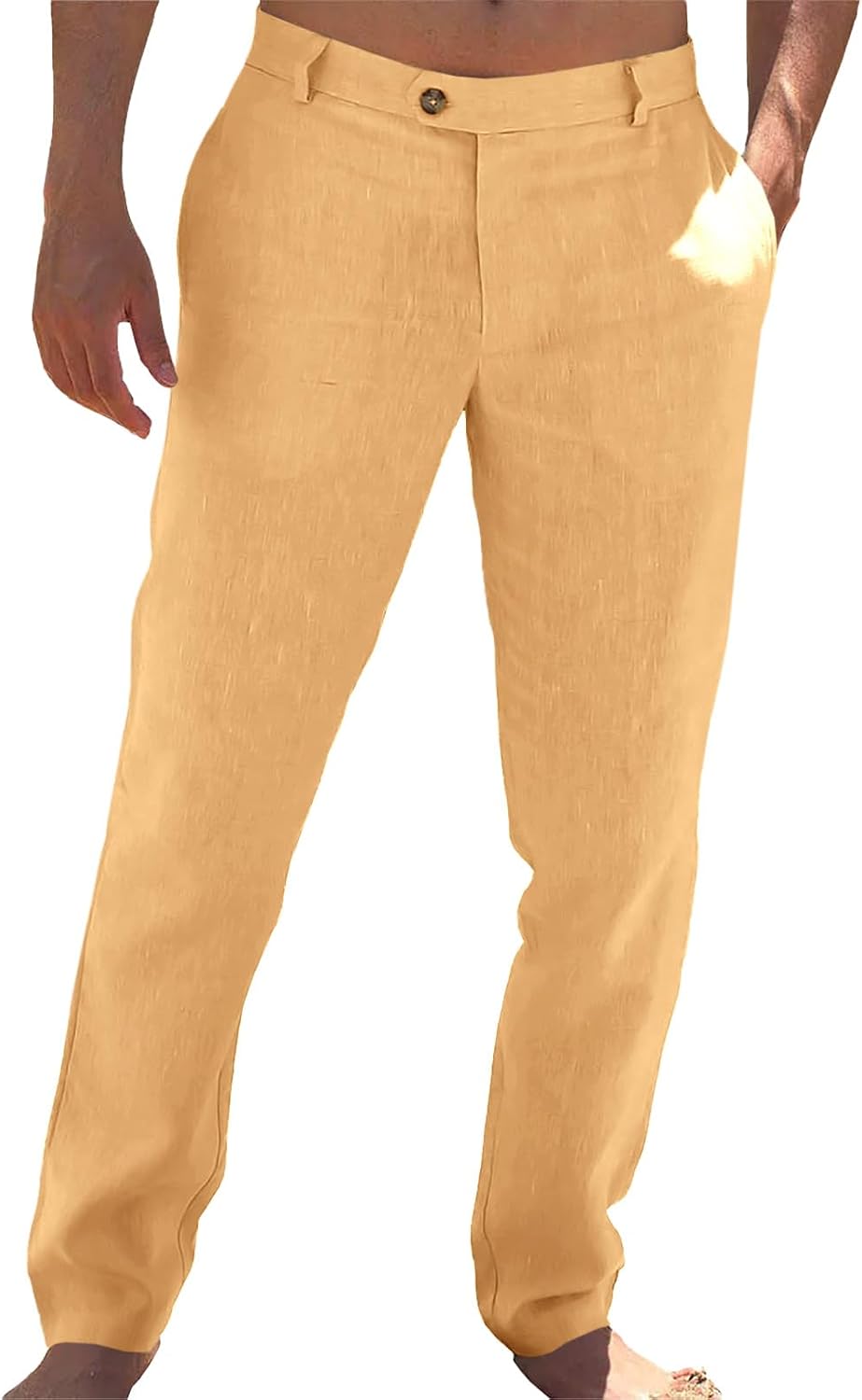 Mens Casual Pants Elastic Waist Linen Lightweight Straight-Legs Loose Fit Summer Beach Yoga Trousers