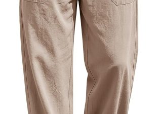 Men's Cotton Linen Pants Elastic Waist Drawstring Casual Trouser Lightweight Straight-Legs Loose Beach Yoga Pants