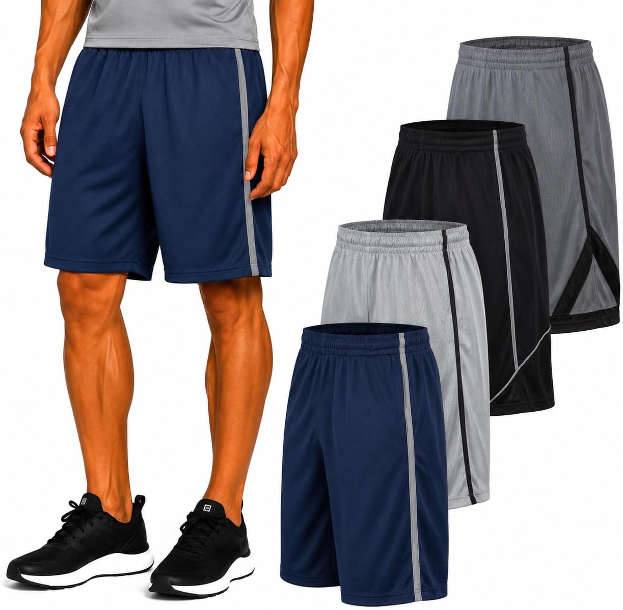 4 Pack: Men's Dry-Fit Sweat Resistant Active Athletic Performance Shorts