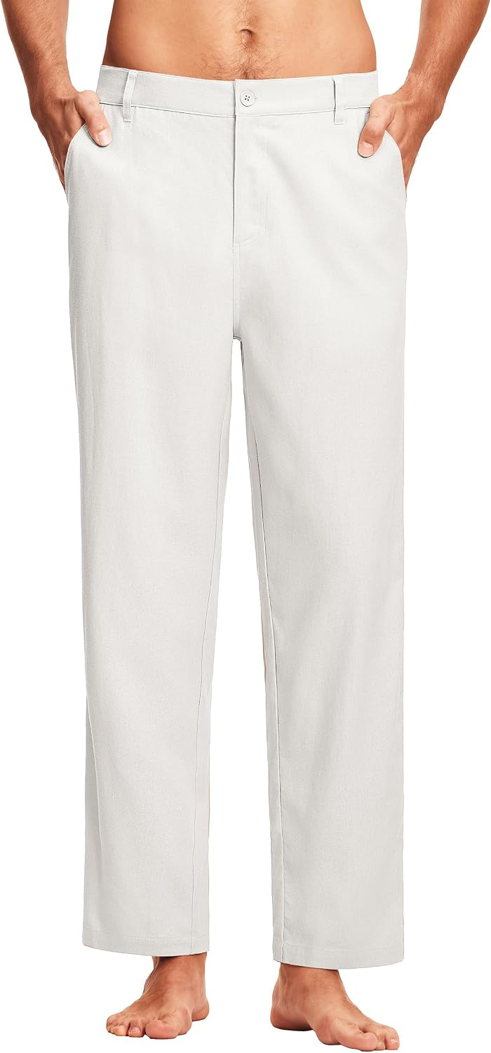 30'' Men’s Linen Pants Dressy Casual Work Golf Cotton Linen Trousers for Men Flat Front with Pockets Belt Loop