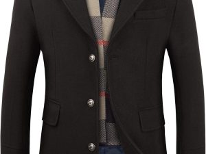 Men’s Wool Trench Coat Winter Slim Fit Pea Coat with Free Removable Plaid Scarf