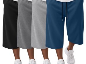 4 Pack Mens  Shorts Big and Tall Below Knee Casual 3/4 Pants Loose Fit Drawstring Jogger Shorts with Pockets