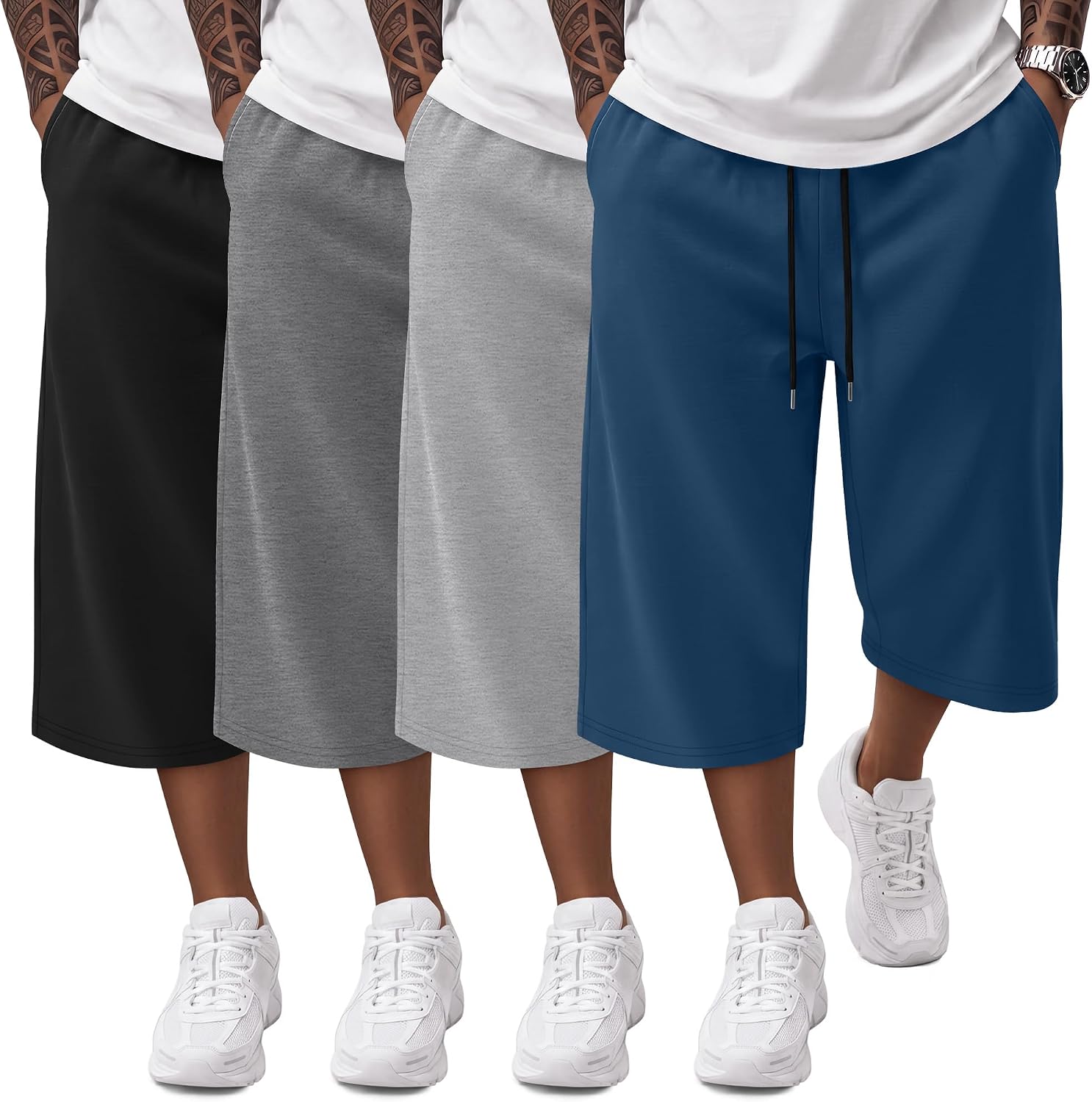 4 Pack Mens Shorts Big and Tall Below Knee Casual 3/4 Pants Loose Fit Drawstring Jogger Shorts with Pockets