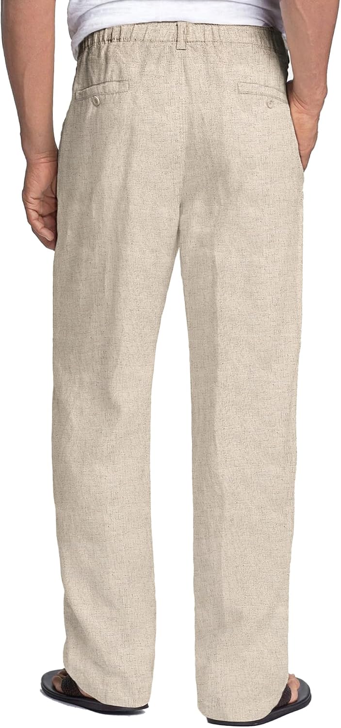 Men's Casual Linen Pants Elastic Waist Drawstring Cotton Trousers - Image 2