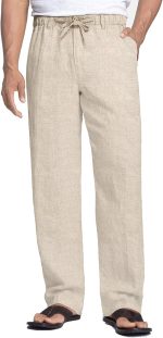 Men's Casual Linen Pants Elastic Waist Drawstring Cotton Trousers