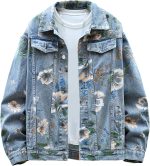 Men's Floral Print Denim Jacket Pair Oversized Jeans Coat Unisex Basic Jacket