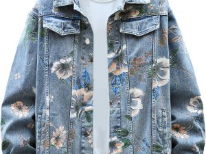 Men's Floral Print Denim Jacket Pair Oversized Jeans Coat Unisex Basic Jacket